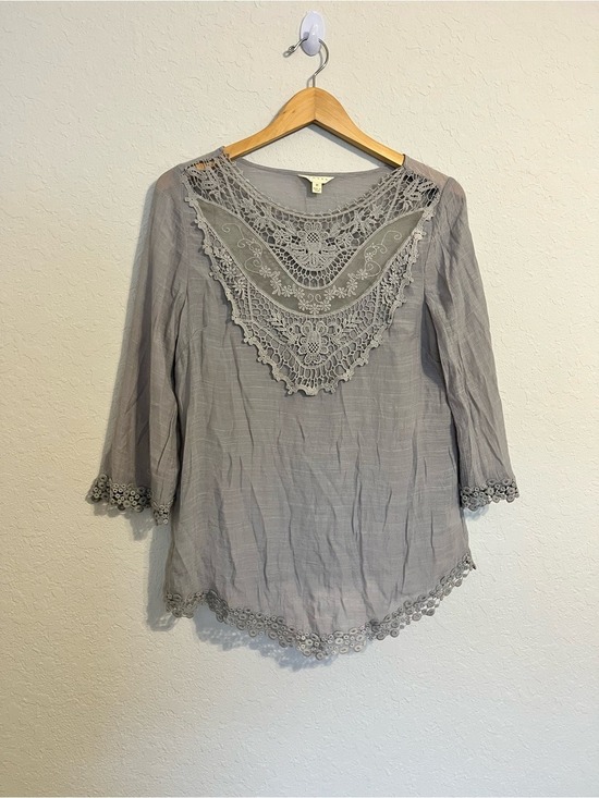 Adiva Tops - Gray Boho Lace Gauze Tunic Top Medium Fairycore Prairie Romantic Sheer Cottage